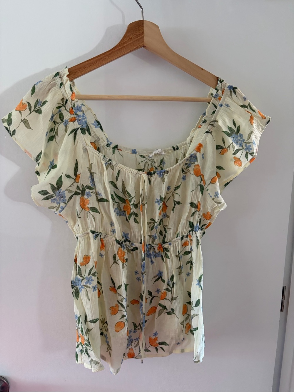 mine Cream Floral Smocked Blouse with Orange & Blue Accents